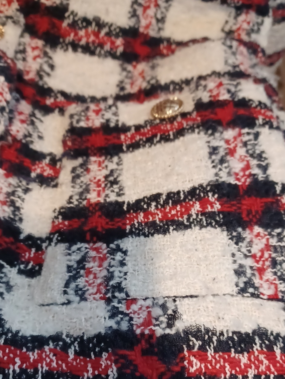 English Factory Plaid Boucle Jacket. Sz.S. White, Bk.& Red.26" Shoulder To Hem. - Picture 5 of 8